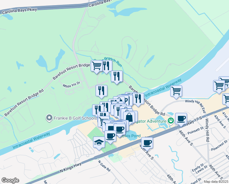 map of restaurants, bars, coffee shops, grocery stores, and more near 2151 Bridge View Court in North Myrtle Beach