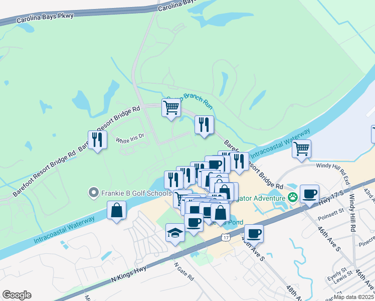 map of restaurants, bars, coffee shops, grocery stores, and more near 1008 Barefoot Resort Bridge Road in North Myrtle Beach