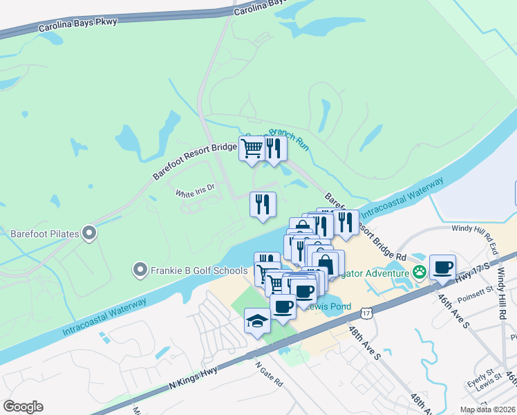 map of restaurants, bars, coffee shops, grocery stores, and more near 1008 Barefoot Resort Bridge Road in North Myrtle Beach
