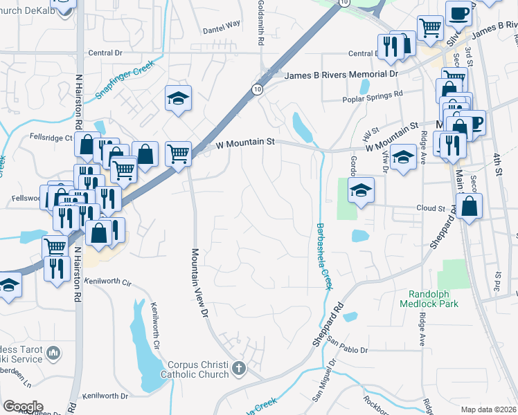 map of restaurants, bars, coffee shops, grocery stores, and more near 874 Meadow Rock Drive in Stone Mountain