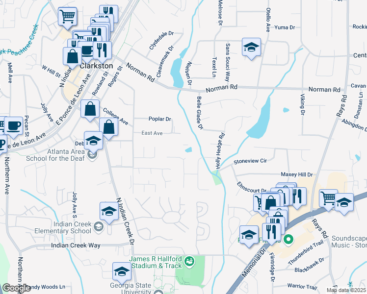 map of restaurants, bars, coffee shops, grocery stores, and more near 3846 Cottage Circle in Clarkston