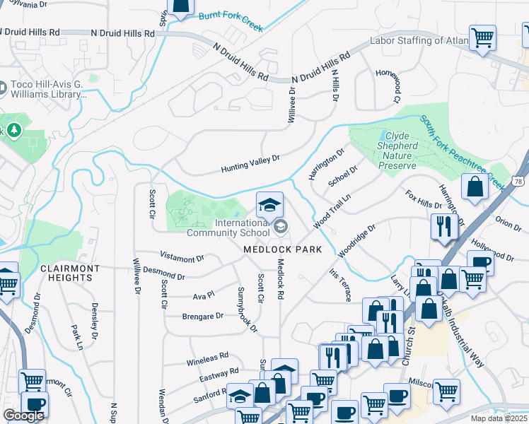 map of restaurants, bars, coffee shops, grocery stores, and more near 899 Gaylemont Circle in Decatur