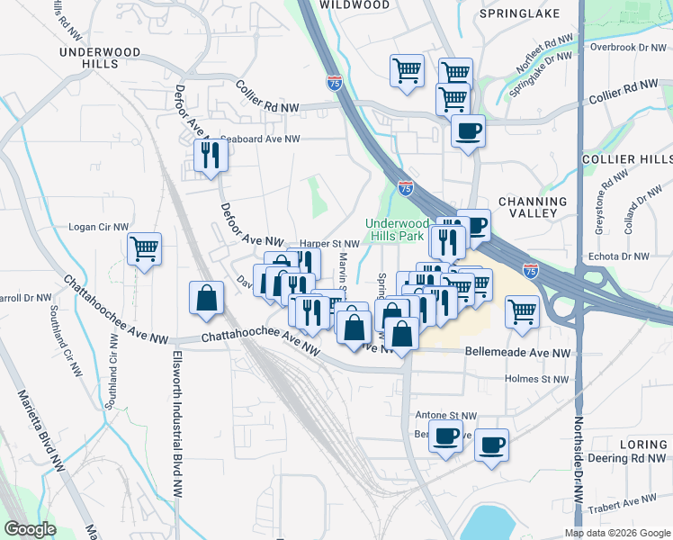 map of restaurants, bars, coffee shops, grocery stores, and more near 1802 Defoors Landing Northwest in Atlanta