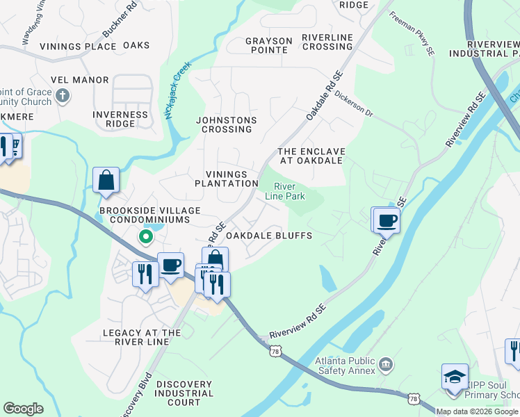 map of restaurants, bars, coffee shops, grocery stores, and more near 1613 Watercress Court Southeast in Mableton