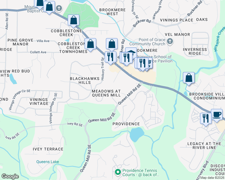 map of restaurants, bars, coffee shops, grocery stores, and more near 883 Brickleridge Lane Southeast in Mableton