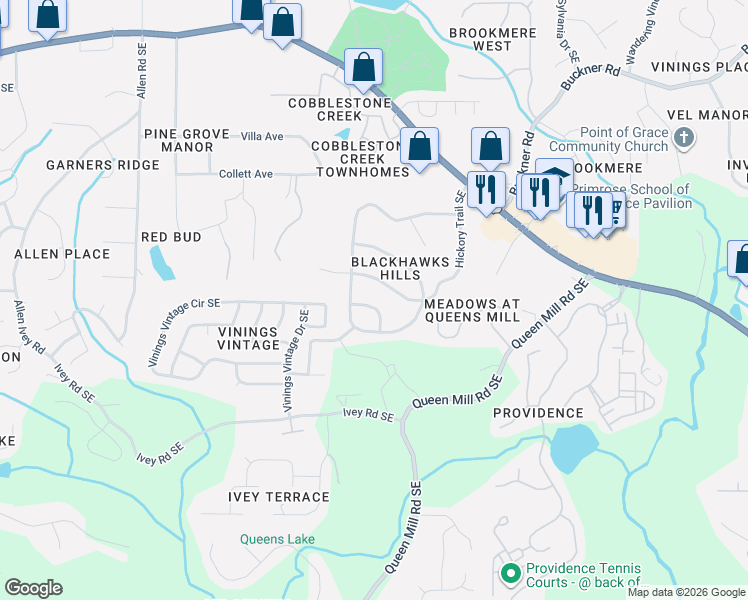 map of restaurants, bars, coffee shops, grocery stores, and more near 624 Hickory Trail Southeast in Mableton