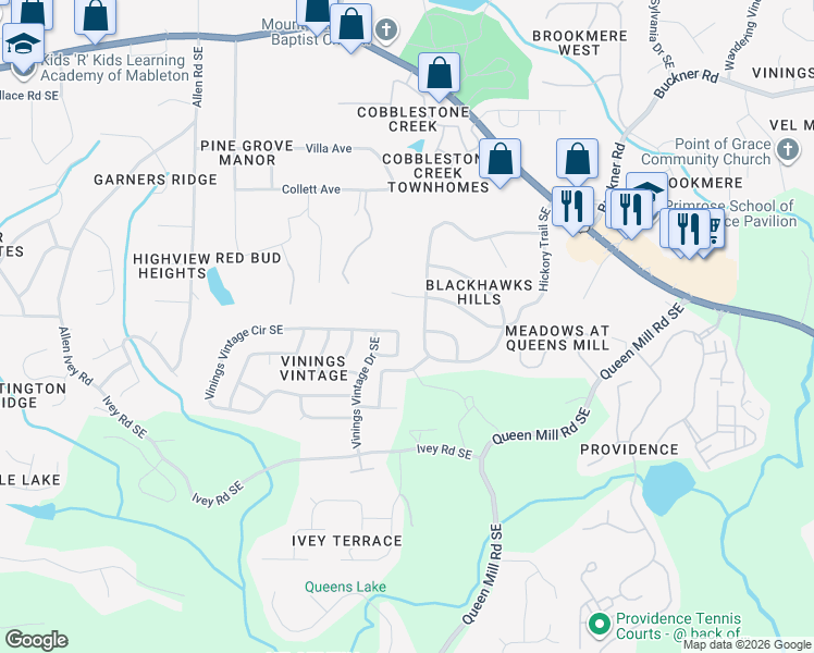 map of restaurants, bars, coffee shops, grocery stores, and more near 6056 Blackhawk Trail Southeast in Mableton