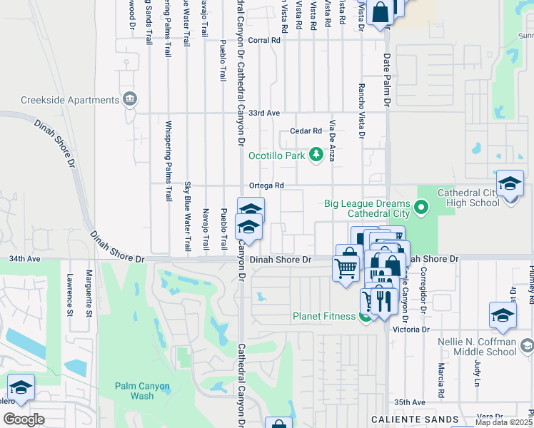 map of restaurants, bars, coffee shops, grocery stores, and more near 33611 Wishing Well Trail in Cathedral City