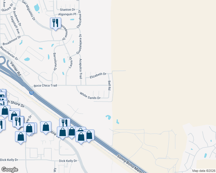 map of restaurants, bars, coffee shops, grocery stores, and more near 73991 Boca Chica Trail in Thousand Palms