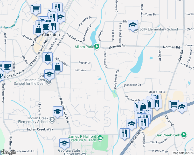 map of restaurants, bars, coffee shops, grocery stores, and more near 3835 East Avenue in Clarkston