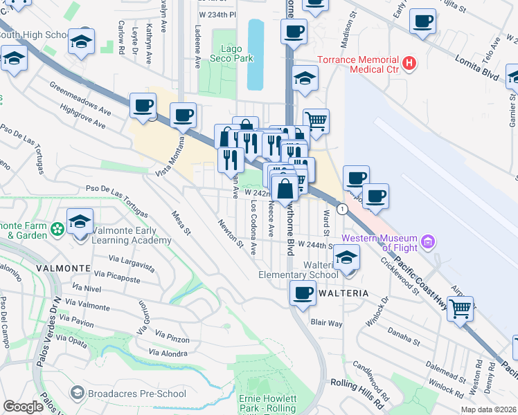 map of restaurants, bars, coffee shops, grocery stores, and more near 24220 Los Codona Avenue in Torrance