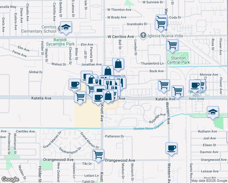 map of restaurants, bars, coffee shops, grocery stores, and more near 7080 Syracuse Avenue in Stanton