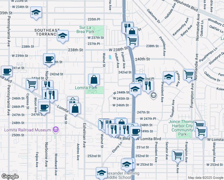 map of restaurants, bars, coffee shops, grocery stores, and more near 24315 Falena Avenue in Torrance