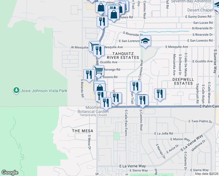 map of restaurants, bars, coffee shops, grocery stores, and more near 1500 Vía Soledad in Palm Springs