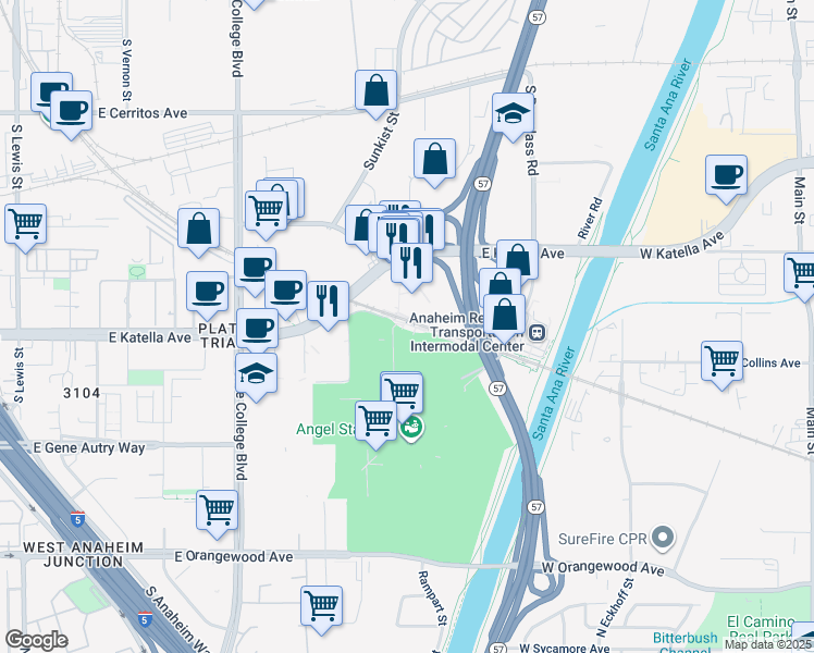 map of restaurants, bars, coffee shops, grocery stores, and more near 2150 East Katella Avenue in Anaheim