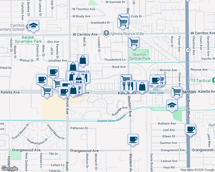 map of restaurants, bars, coffee shops, grocery stores, and more near 7271 Katella Avenue in Stanton