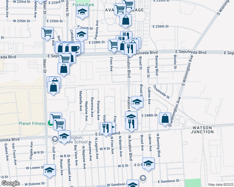 map of restaurants, bars, coffee shops, grocery stores, and more near 24420 Fries Avenue in Carson