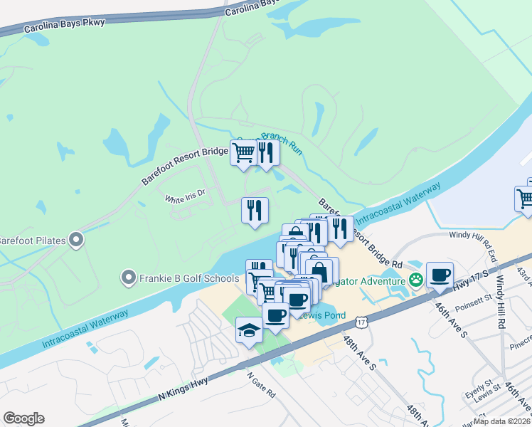 map of restaurants, bars, coffee shops, grocery stores, and more near 1008 Barefoot Resort Bridge Road in North Myrtle Beach