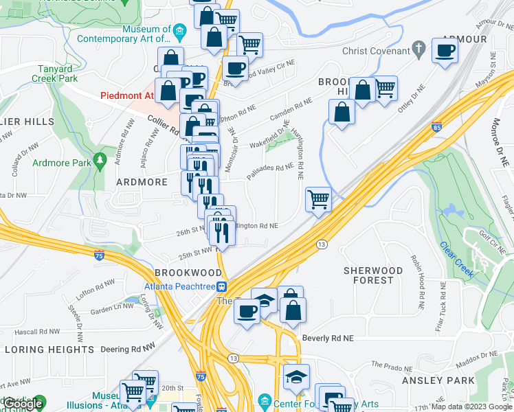 map of restaurants, bars, coffee shops, grocery stores, and more near 27 Northwood Avenue Northeast in Atlanta