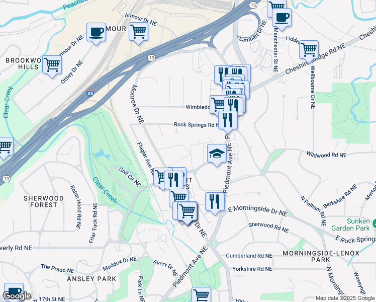 map of restaurants, bars, coffee shops, grocery stores, and more near 802 Piedmont Way Northeast in Atlanta