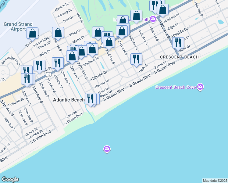 map of restaurants, bars, coffee shops, grocery stores, and more near 2400 South Ocean Boulevard in North Myrtle Beach