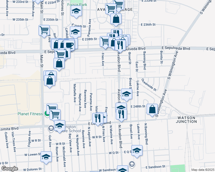 map of restaurants, bars, coffee shops, grocery stores, and more near 24420 Fries Avenue in Carson