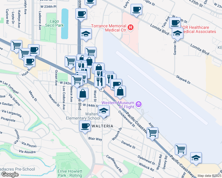map of restaurants, bars, coffee shops, grocery stores, and more near 3525 Pacific Coast Highway in Torrance