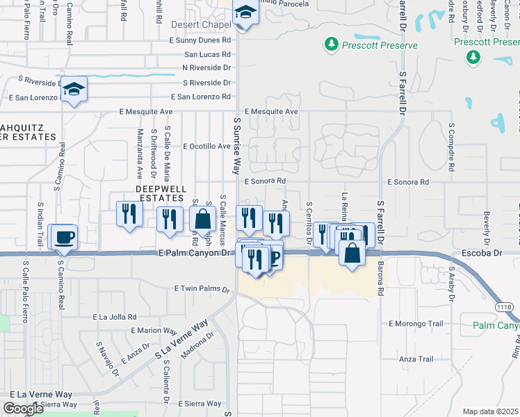 map of restaurants, bars, coffee shops, grocery stores, and more near 1732 Capri Circle in Palm Springs