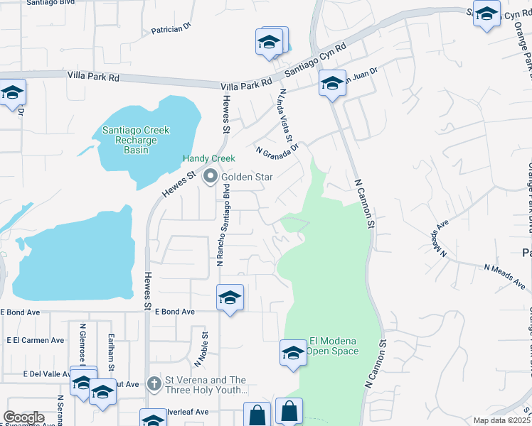 map of restaurants, bars, coffee shops, grocery stores, and more near 5122 Glen Albyn Lane in Orange
