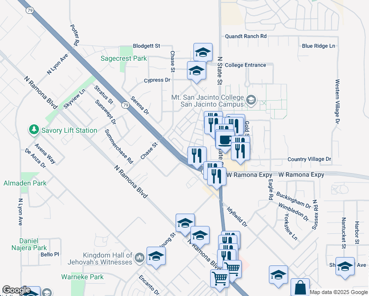 map of restaurants, bars, coffee shops, grocery stores, and more near 1213 Bounty Way in San Jacinto