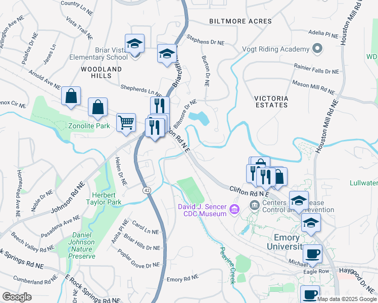map of restaurants, bars, coffee shops, grocery stores, and more near 3348 Peachtree Road Northeast in Atlanta