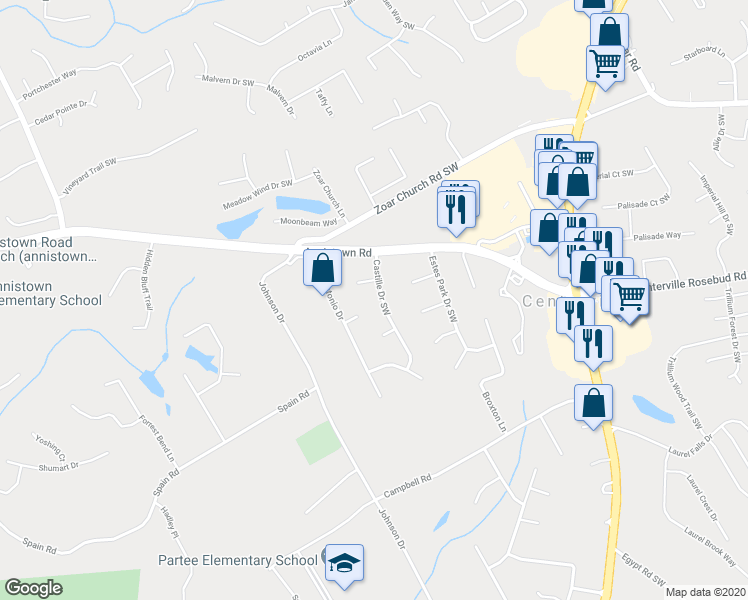 map of restaurants, bars, coffee shops, grocery stores, and more near 3373 Castille Drive Southwest in Snellville