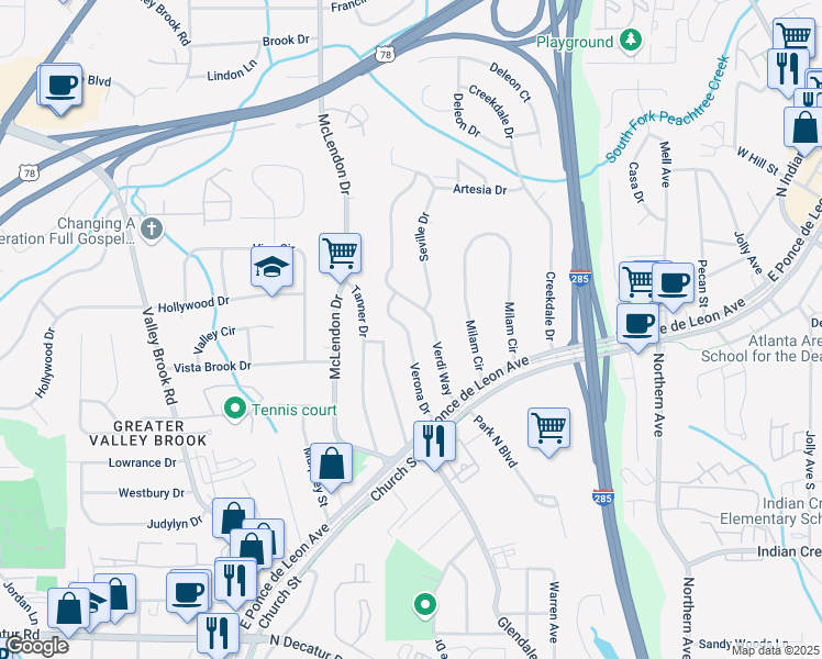 map of restaurants, bars, coffee shops, grocery stores, and more near 877 Verona Drive in Clarkston