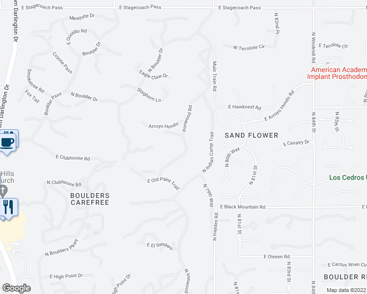 map of restaurants, bars, coffee shops, grocery stores, and more near 3056 North Ironwood Drive in Carefree