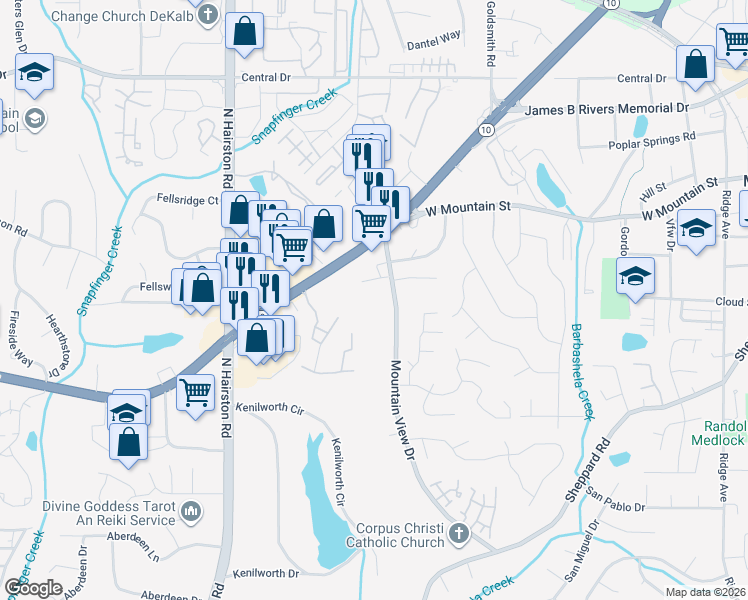 map of restaurants, bars, coffee shops, grocery stores, and more near 882 Mountain View Drive in Stone Mountain
