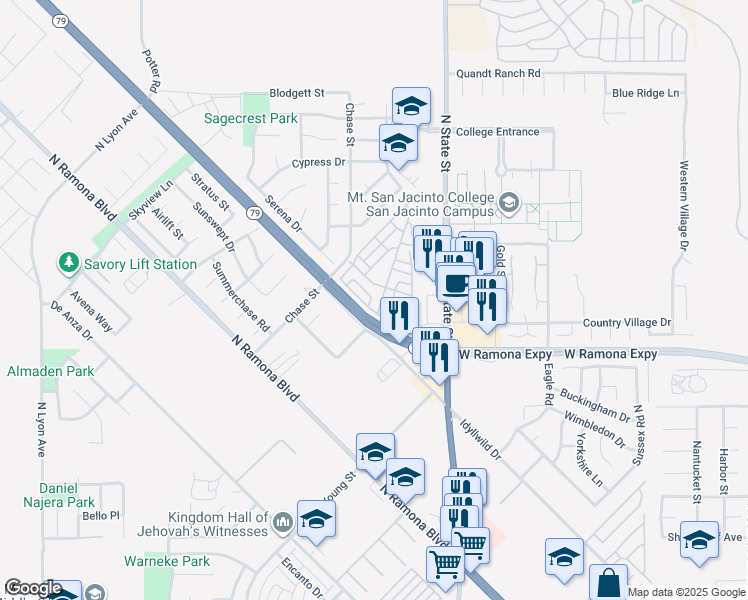 map of restaurants, bars, coffee shops, grocery stores, and more near 1213 Bounty Way in San Jacinto