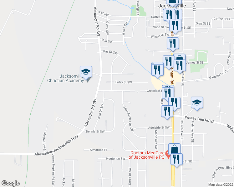 map of restaurants, bars, coffee shops, grocery stores, and more near 320 Greenleaf Street Southwest in Jacksonville