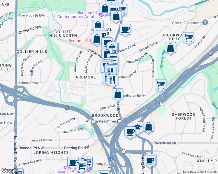 map of restaurants, bars, coffee shops, grocery stores, and more near 1800 Peachtree Street Northwest in Atlanta
