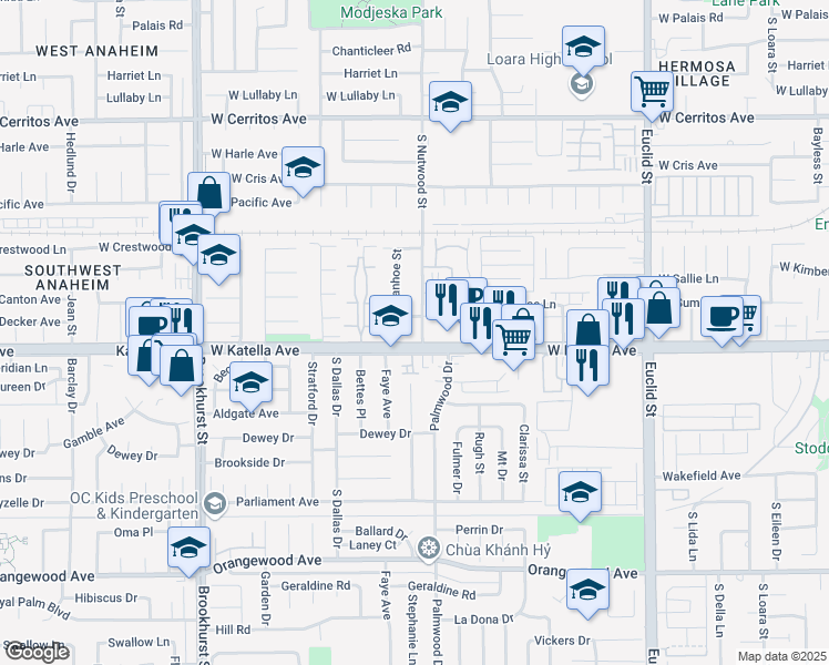 map of restaurants, bars, coffee shops, grocery stores, and more near 1734 South Ivanhoe Street in Anaheim