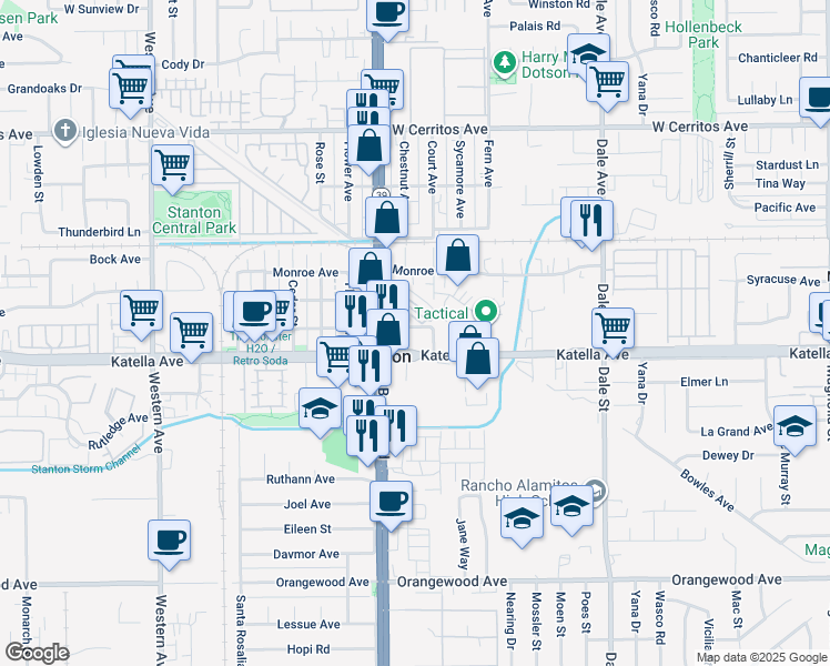 map of restaurants, bars, coffee shops, grocery stores, and more near 8060 Chester Avenue in Stanton