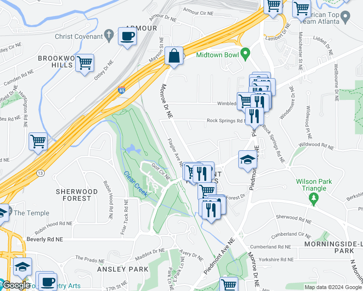map of restaurants, bars, coffee shops, grocery stores, and more near 1798 Monroe Drive Northeast in Atlanta