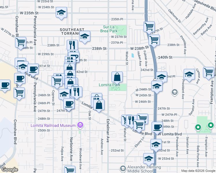 map of restaurants, bars, coffee shops, grocery stores, and more near 25039 Eshelman Avenue in Lomita