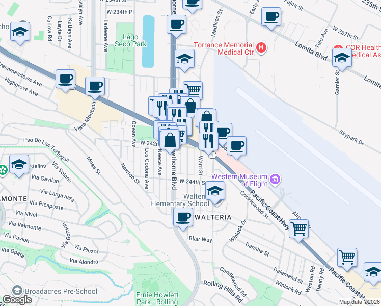 map of restaurants, bars, coffee shops, grocery stores, and more near 24212 Park Street in Torrance
