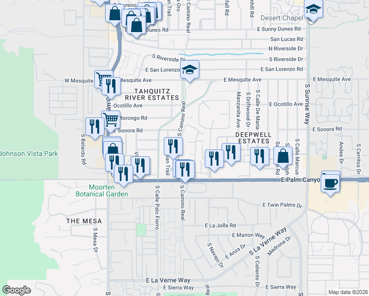map of restaurants, bars, coffee shops, grocery stores, and more near 1470 South Camino Real in Palm Springs