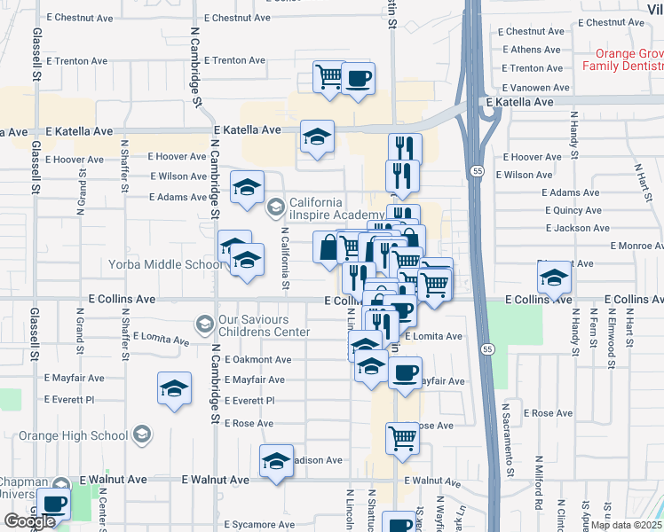 map of restaurants, bars, coffee shops, grocery stores, and more near 970 North Lincoln Street in Orange