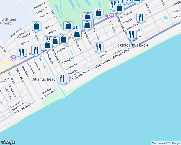 map of restaurants, bars, coffee shops, grocery stores, and more near 2209 South Ocean Boulevard in North Myrtle Beach