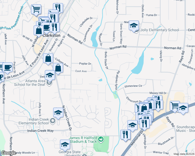 map of restaurants, bars, coffee shops, grocery stores, and more near 3835 East Avenue in Clarkston