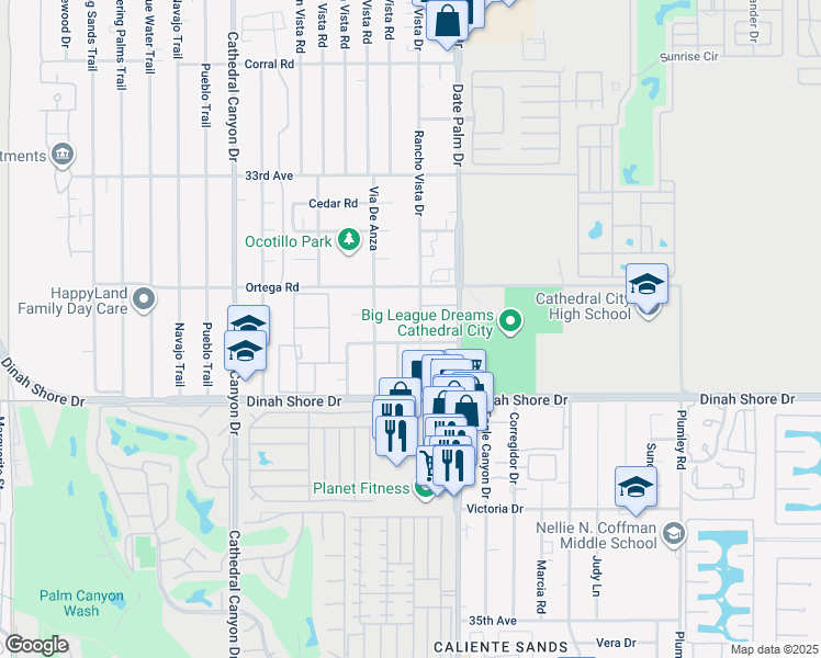 map of restaurants, bars, coffee shops, grocery stores, and more near 33691 Rancho Vista Drive in Cathedral City