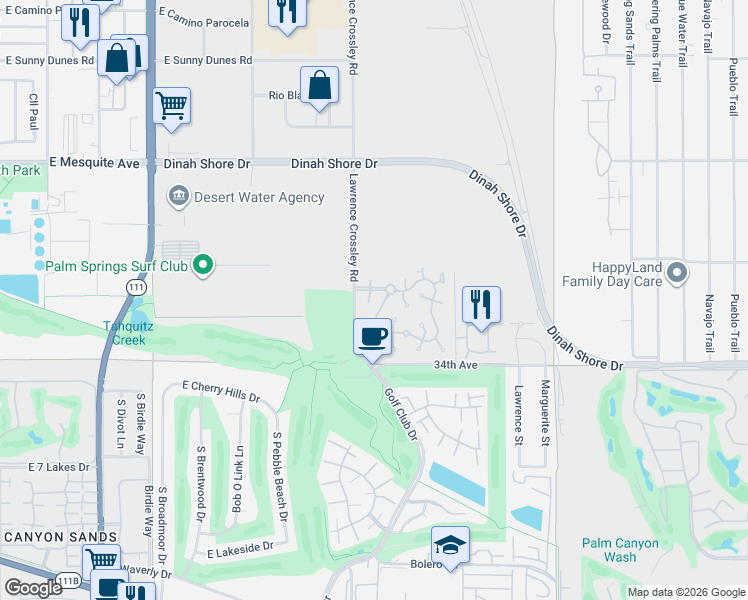 map of restaurants, bars, coffee shops, grocery stores, and more near 1610 Augusta Plaza in Palm Springs