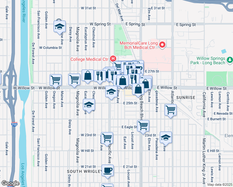 map of restaurants, bars, coffee shops, grocery stores, and more near 2553 Pine Avenue in Long Beach
